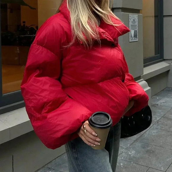 Red Casual Women's Big Lapel Padded Jacket - Picture 8 of 9